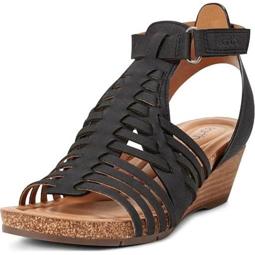 Earth Hattie Womens 8.5 Black Leather Wedge Sandal Strappy Comfort Shoe NWT